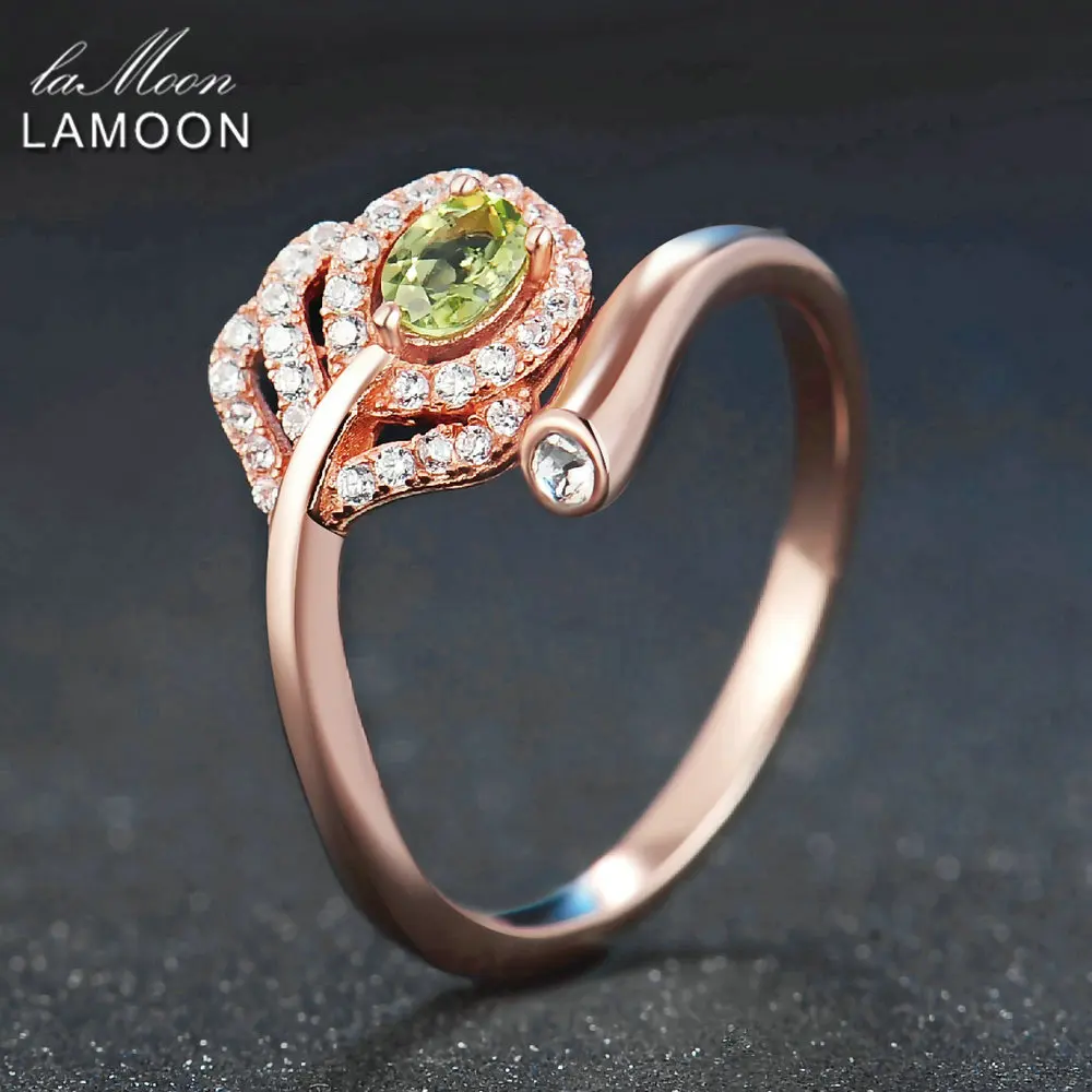 LAMOON 925 Sterling Silver Ring Classic Design Leaf 100% Natural Green Peridot Fine Jewelry Party Gift Rings For Women RI055