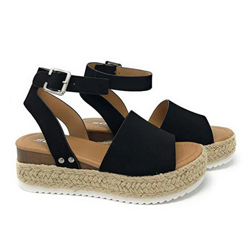 

New Leopard Gladiator Women Flat Sandals Platform Ankle Strap Wedges Peep Toe Hemp Creepers Plus Size 35-43 XWZ5836