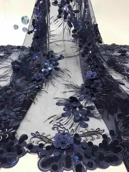 

Golden Shining Sequins French Lace Fabrics With Beads 3D Flowers African Tulle Net Lace Fabric For Wedding Party Dress(FJ-6-19