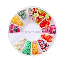1000 шт 3d Полимерная глина крошечные фимо фрукты кусочки колеса дизайн ногтей Diy колеса украшения для ногтей стразы оптом