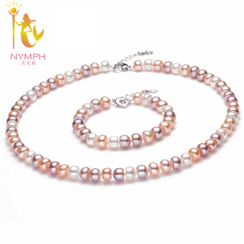 

NYMPH Pearl Jewelry Set Pure Real Freshwater Pearl Necklace Bracelet Fine Jewlery Gift For MotherT113