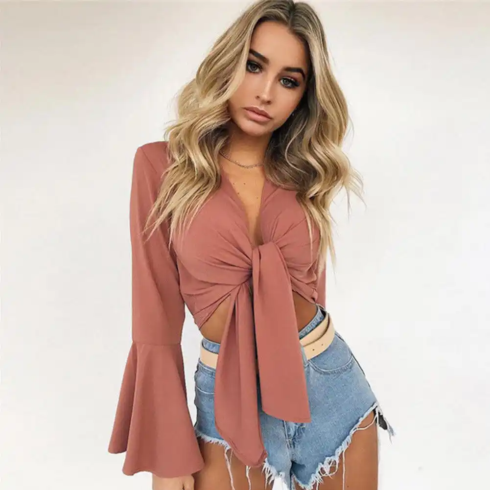 plunging neck tied bowknot crop blouse