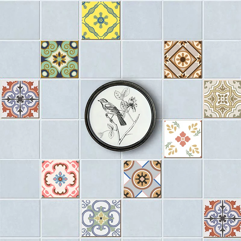 20pcs Self-adhesive Mandala Wall Tiles Stickers Waist Line Kitchen Wall Sticker PVC Floor Wallpaper Home Decor Bright Color
