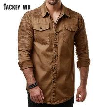 Бренд JACKEYWU, джинсовая рубашка для мужчин, мода, плиссированные джинсовые рубашки на плече, повседневные, с длинным рукавом, нагрудный карман, Camisas, хип-хоп