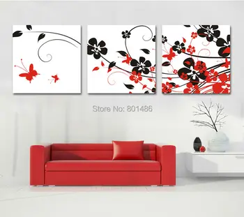 

3 Piece Modern Wall Painting Black And Red flower Home Decorative home Art Picture Print on Canvas