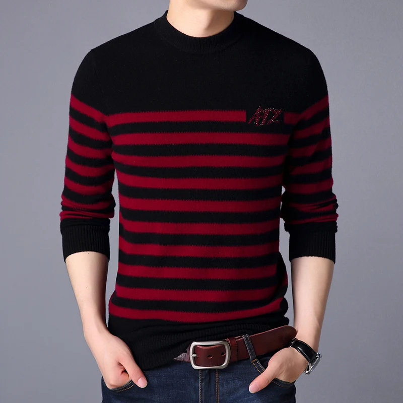 TS brand high-quality padded cotton men's sweater male striped sweater Korean casual shirt fashion trend crew neck sweater