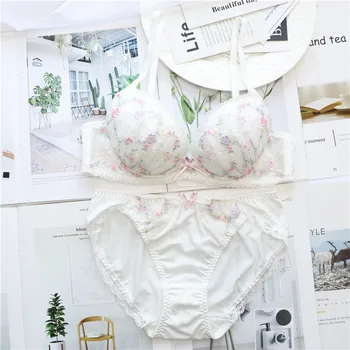 

Lolita style deep v push up bra and set thin cup embroidery floral kawaii bra and panties BCD cup