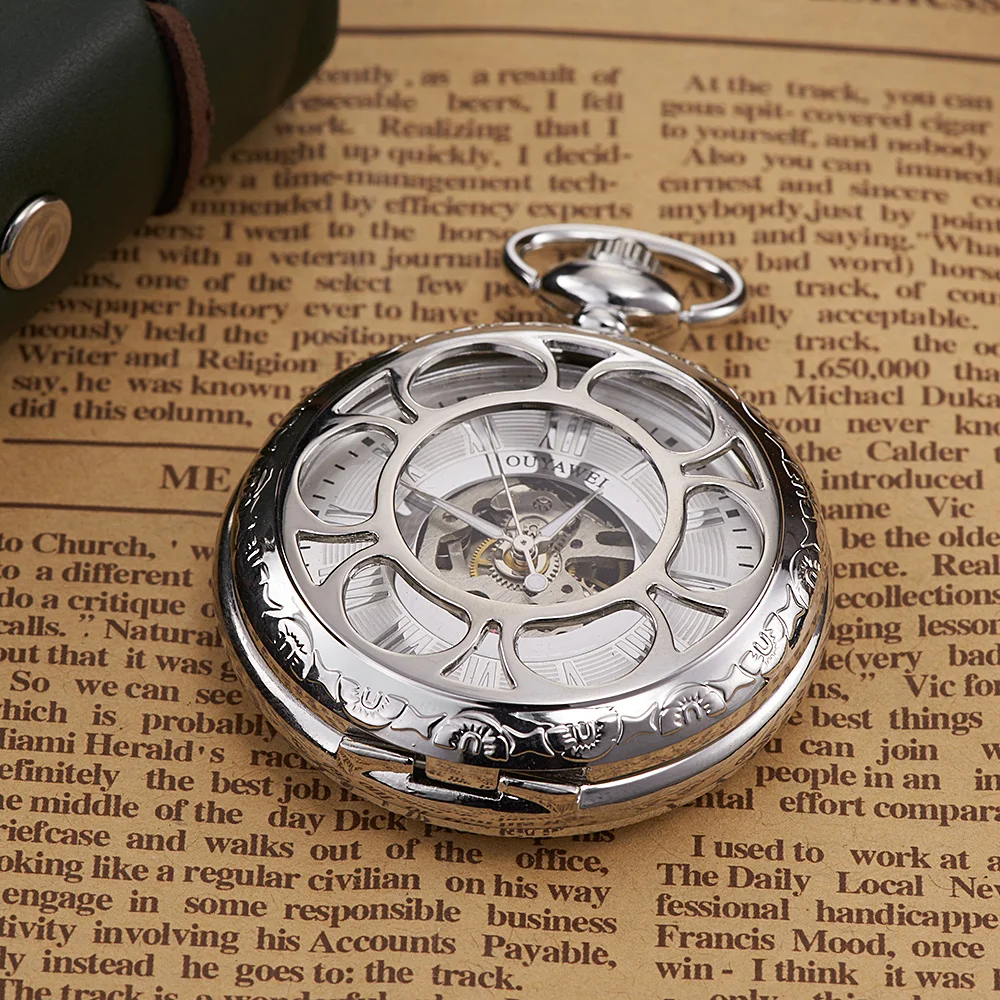 

New OYW Brand Hand Winding Mechanical Men Pocket Watch With Chain Necklace Pandant Fashion White Skeleton Full steel Fob Watches