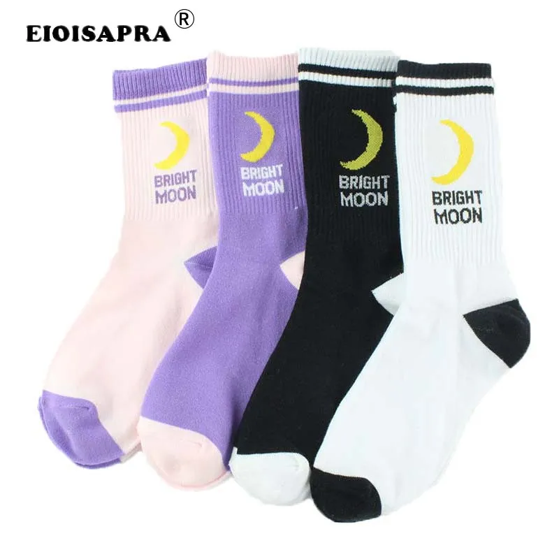 Женские носки в Корейском стиле удобные смешные носки Харадзюку ярких цветов в студенческом стиле в полоску с Луной Модные женские носки из хлопка