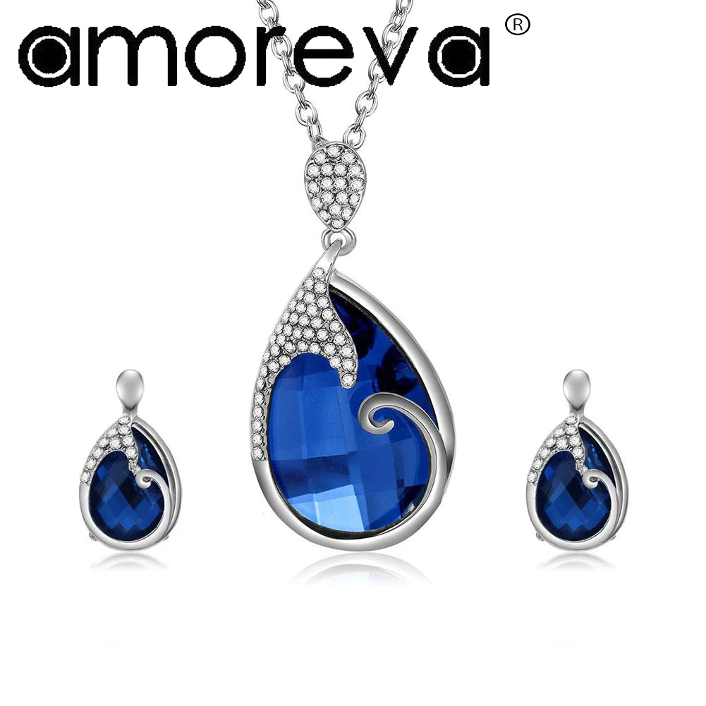 Special New Design pendant suit Jewelry Sets Silver blue Stone white Imitated Crystal Necklace Earrings for Lady gift | Украшения и