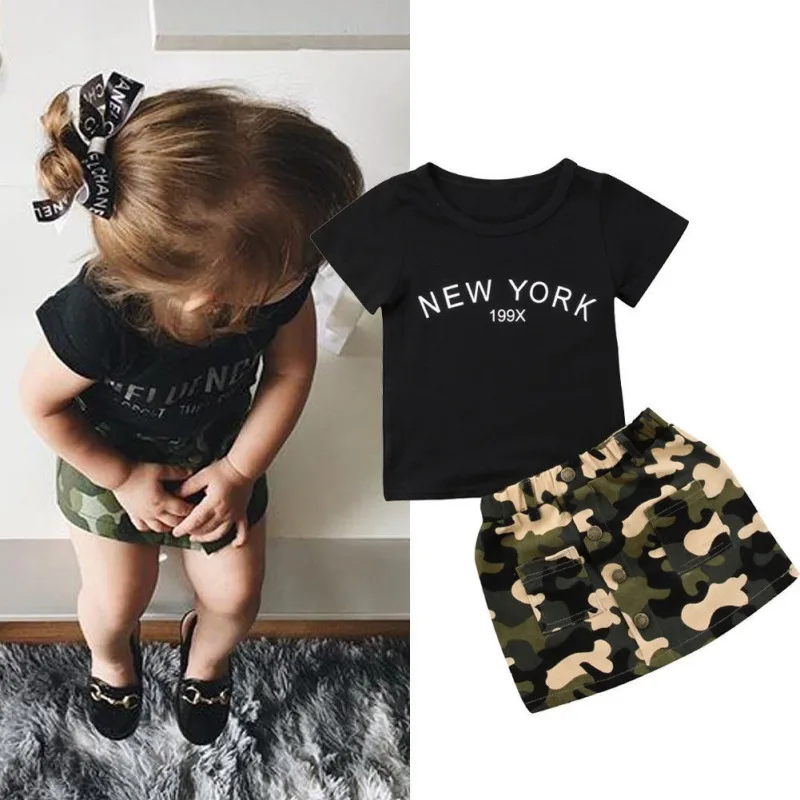 

Summer Short Sleeve New York T-shirt Tops + Skirt Cotton Outfit 2PCS Toddler Kids Girl Clothes Set Child Suit 2019