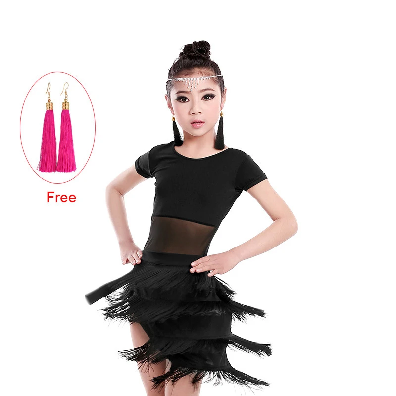 New Spandex Short Sleeve Fringe Latin Dresses Children Girls