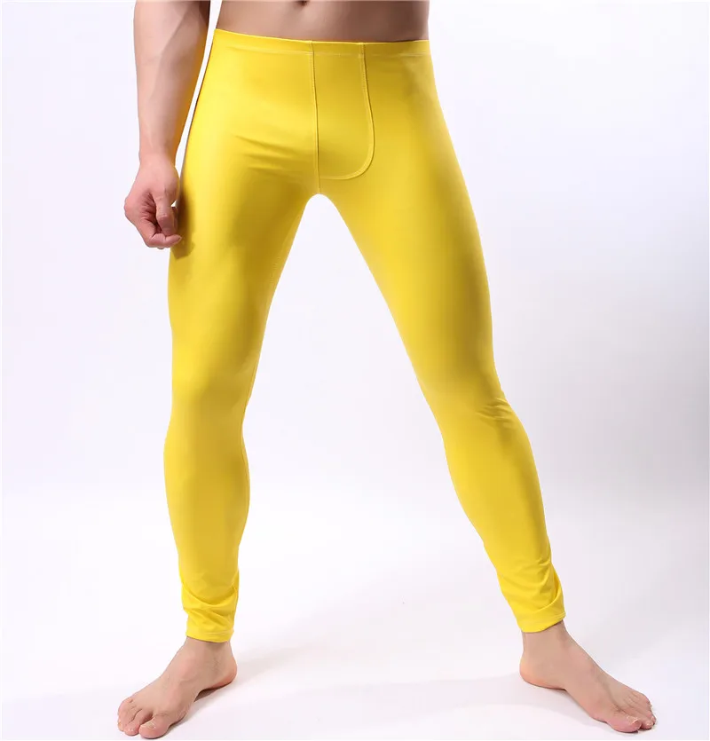 Модные обтягивающие брюки из искусственного меха для фитнеса, мужские сексуальные эластичные лосины Брюки, мужское нижнее белье из искусственной кожи, длинные брюки - Цвет: Yellow