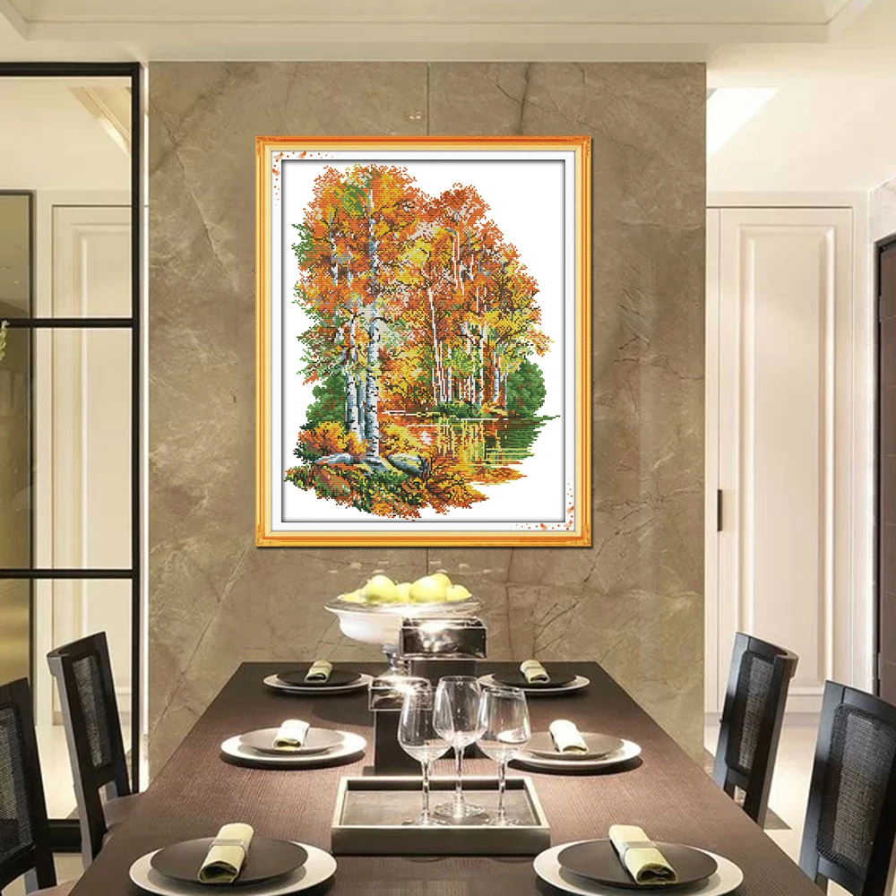 Joy Sunday scenic style In the autumn of birches 14CT and 11CT printable cross stitch patterns embroidery kits for sale