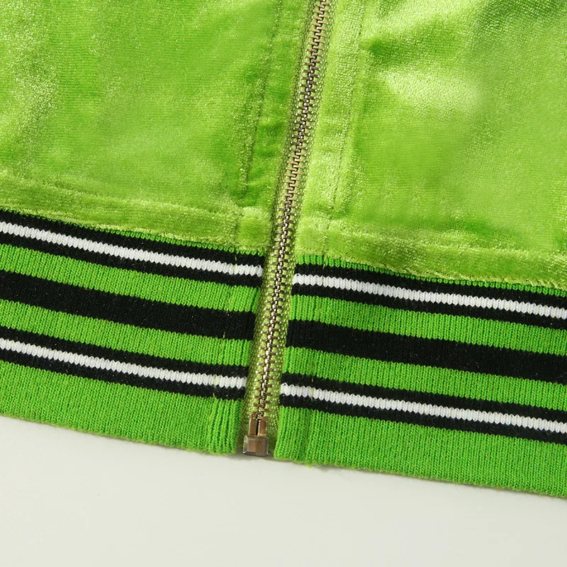 LVINMW, сексуальный зеленый бархатный полосатый укороченный топ на молнии, лето, Женская Повседневная облегающая футболка с коротким рукавом, женская уличная одежда