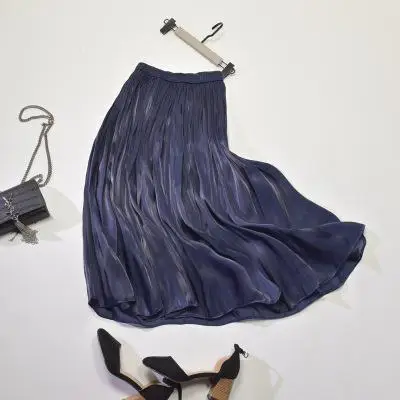 Spring New Korean Style Pleated Skirt Elastic Waist Pearl Luster Silk Slippery Faldas Largas Elegantes Free Shipping - Цвет: Navy Blue