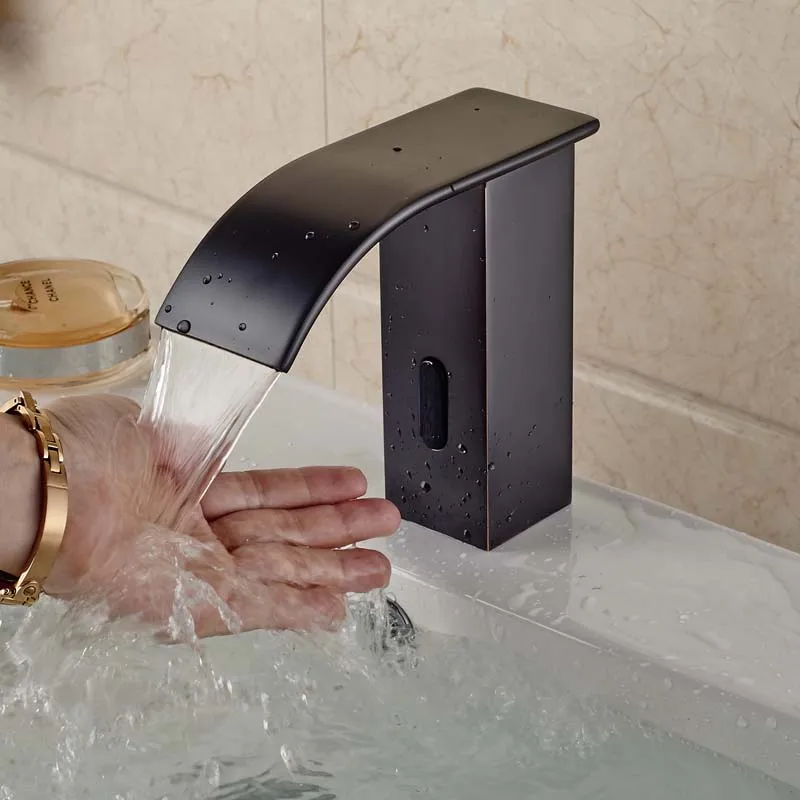 Free Shipping Waterfall Spout Automatic Touchless Sensor Faucet Battery Power Plug Cold Water Only