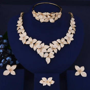 

4PCS Trendy Flower Shape Indian Jewelry Sets Cubic Zirconia Collar Necklace Stud Earrings Bracelet Ring For Women Wedding