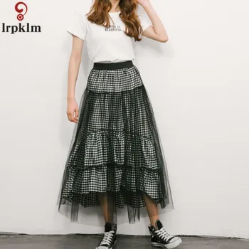 

High Waist Skirt For Female Slim Net Yarn Stitching Plaid Skirt 2018 New Summer Skirt Trendy Casual Long Skirt Woman CH196
