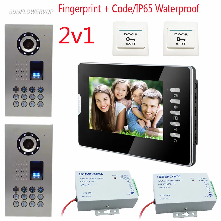 

7" Color Monitor Door Intercom Camera Fingerprint/Code Home Video Intercom IP65 Waterproof DoorPhone Doorbell Camera For 2 Doors