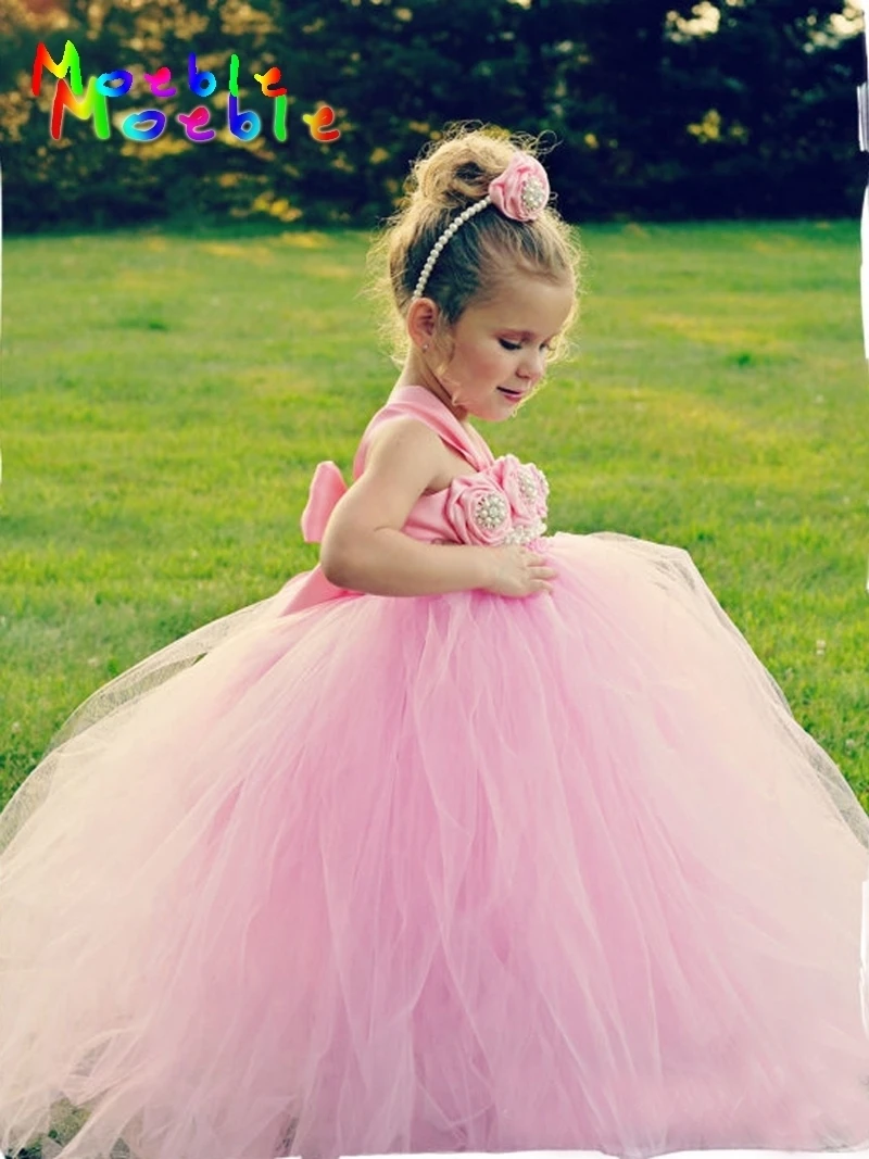 

Flower Girl Tutu Dresses Wedding Easter Junior Bridesmaid Soft Pink Princess Girl Dress Children Clothes For Girls