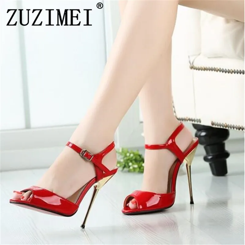 

Plus size :45 46 47 48 49 50 Brand Sandals Sexy 14cm Ultra High Metal thin Heels woman Party Dance Shoes Red/Black Buckle Pumps