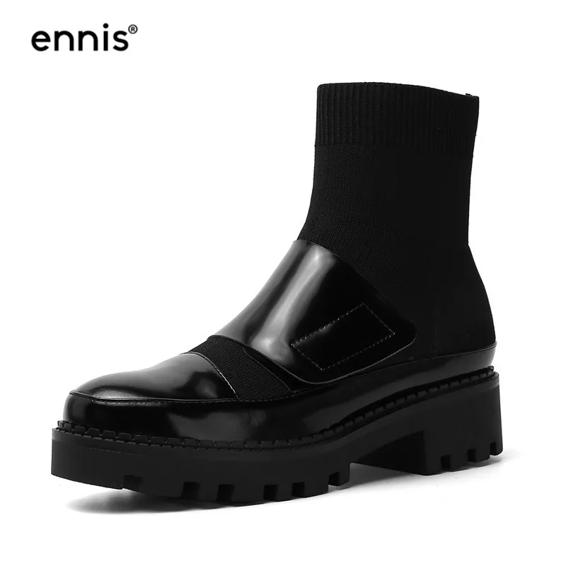 

ENNIS 2019 Women Designer Boots Genuine Leather Female Platform Boots Round Toe Stretch Fabric Boots Autumn Black Shoes NEW A982