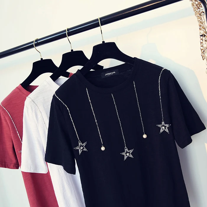 Camiseta con cuentas de estrellas y lentejuelas para mujer, camiseta de verano, camisetas de algodón, camisetas de manga corta, camisetas para mujer, camiseta para mujer Camiseta con cuentas de estrellas y lentejuelas para mujer, camiseta de verano, camisetas de algodón, camisetas de manga corta, camisetas para mujer, camiseta para mujer