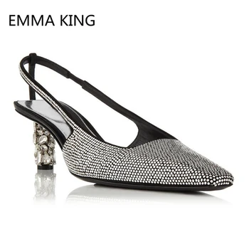 

Design Crystal Studded Heels Pumps For Women Square Toe Slip On High Heels Sandals Full Rhinestone Women Summer Slingback Shoes