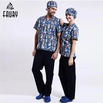 

Nurse Uniforms Women Men Dog Printed Medical Scrub Clothing Short Sleeves Surgical Gowns Dental Beauty Pet Doctor Workwear Sets