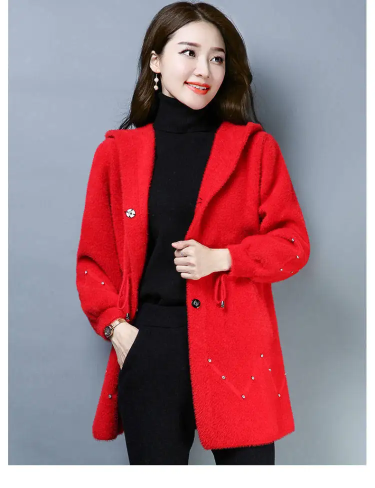 Норковая меховая куртка женская Новая Женская осенне-зимняя куртка с капюшоном из вязаной шерсти