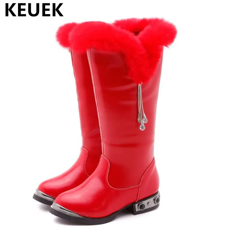

New Children Winter Knee-High Boots Girls Princess Genuine Leather Rhinestone Kids Snow Boots Baby Student With Plush Shoes 041