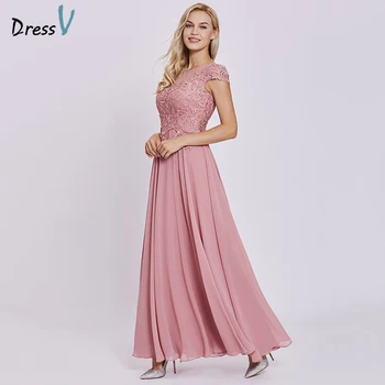 

Dressv peach long evening dress cheap lace cap sleeves a line zipper up wedding party formal dress appliques evening dresses