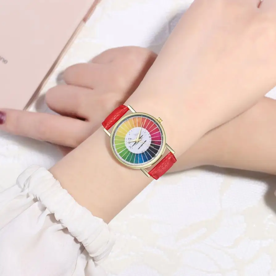

Beautiful Simple women's quartz watch Fashionzble Leather Temperament ladies Wristwatches Rainbow hard clock women 2018 #D