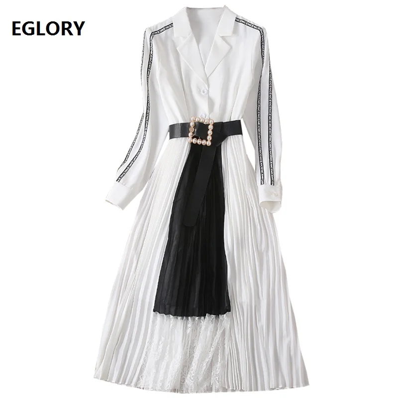 

Office Dress 2019 Spring Summer Style Women Notched Collar Lace Patchwork Long Sleeve Mid-Calf Length Pleated Work Dress Belt