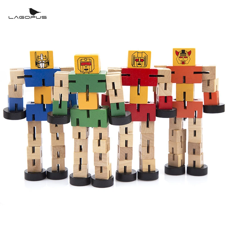 Wooden Transformation Robot Car Deformation Toy Vehicle Assembly Robot DIY Children Educational Toys Random Color