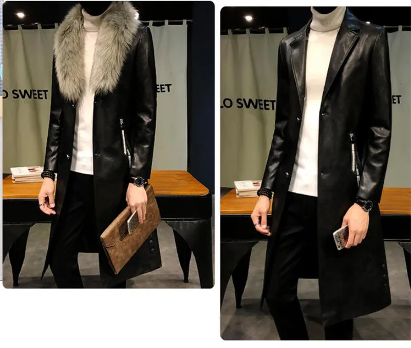 Новинка 2018 года, зимний блейзер с меховым воротником, длинное пальто с мехом для мужчин, мужская деловая повседневная кожаная куртка