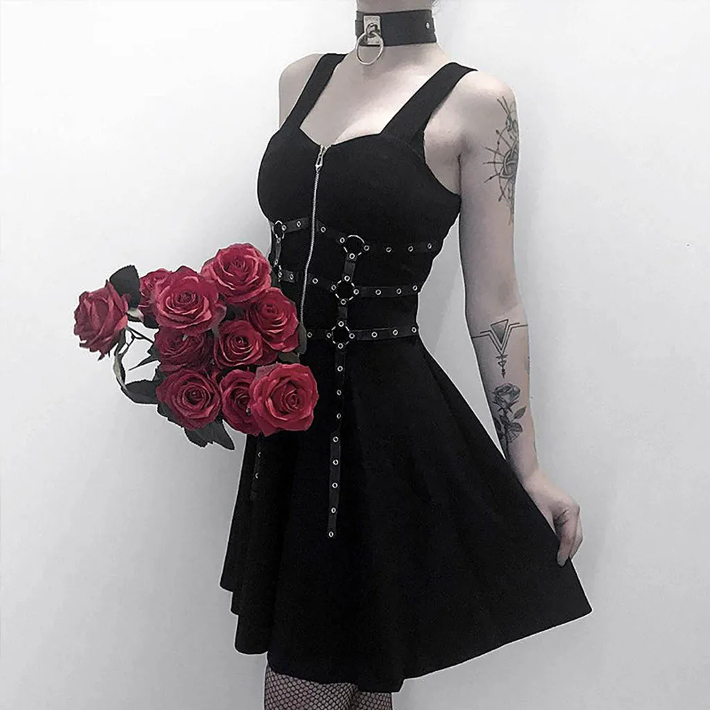 

Women Black Zipper Pleated Strap Dress Gothic Street Punk Wind Cosplay Dress
