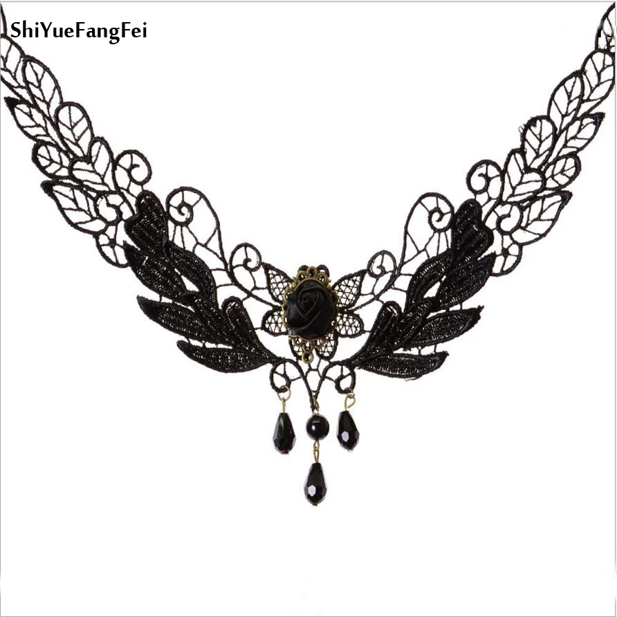 

Fashion Women's Black Fabric Rose Flower Beads Pendant Necklace Lace Necklace Gothic Jewelry False Collar Necklace