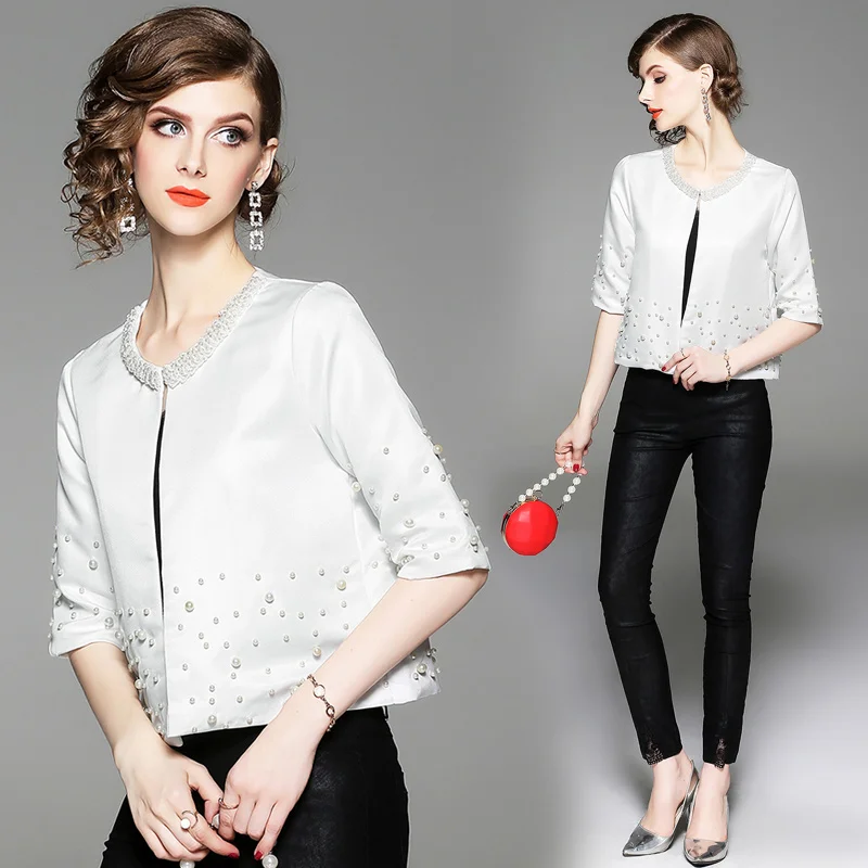 Banulin Top Fashion Women's Elegant Designer Spring Autumn Runway Short Coat Beading Slim Outerwear Long sleeve Plus size jacket