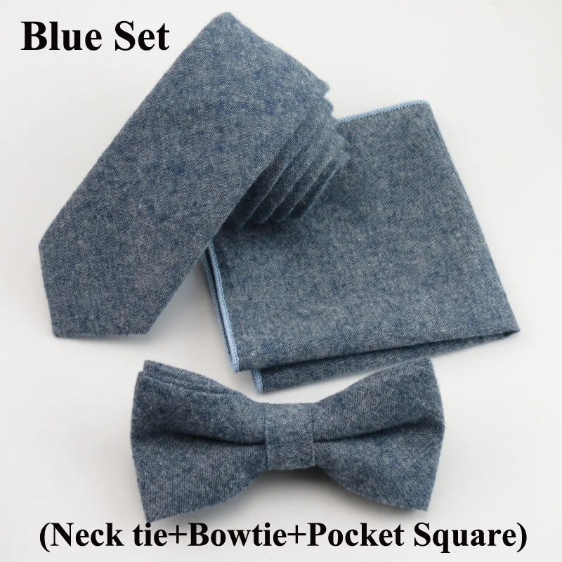 Мужской галстук, модный однотонный мягкий хлопковый галстук 5,5 см+ галстук-бабочка+ платок, набор костюмов, карманный квадратный праздничный подарок, свадебный галстук - Цвет: Blue