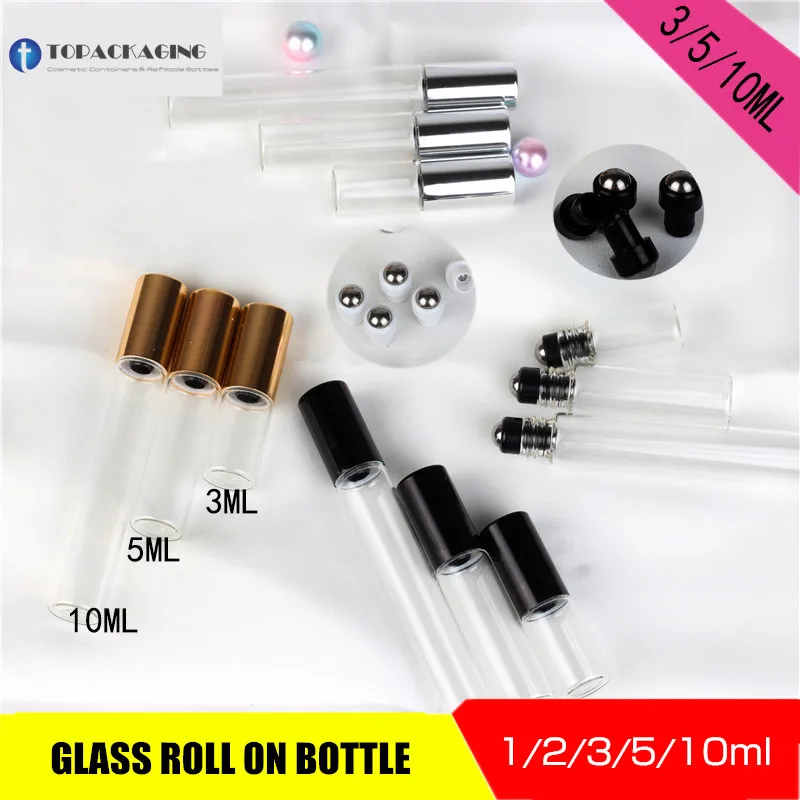 50PCS*1/2/3/5/10ML Roll On Bottle Clear Glass Lotion Tube Small Empty Cosmetic Container Steel Roll Ball Sample Makeup Packing