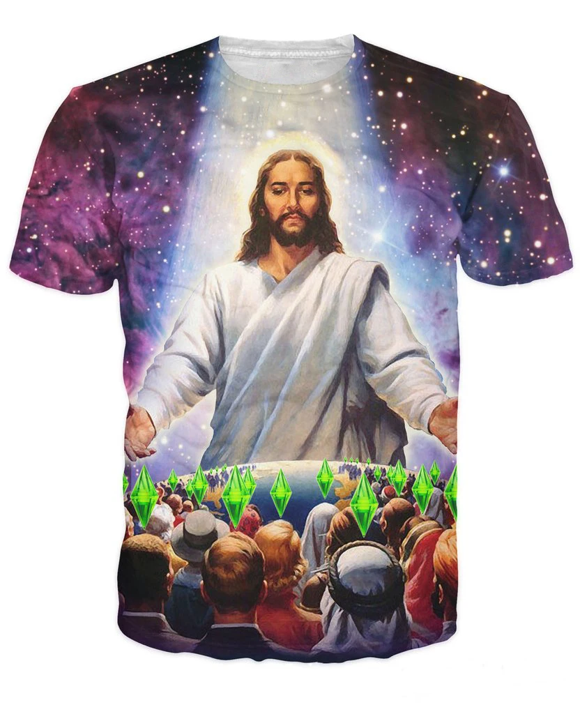 Женская и мужская 3D футболка в стиле хип-хоп с круглым вырезом, летняя стильная футболка, футболка Jesus Died For Your Sims, футболки Galaxy, топы с принтом туманности, футболка R2833