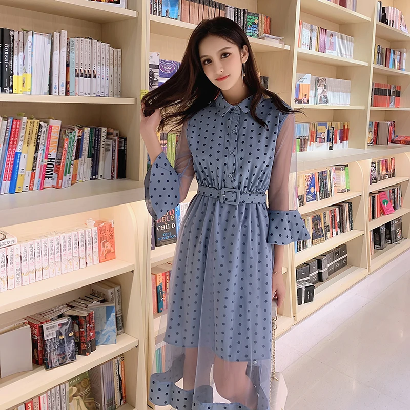 

Women Mesh patchwork a-line dress 2019 spring summer fashion female elegant flare sleeve casual office lady celebrity dot dress