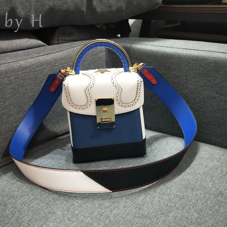 

by H cow leather 2019 new Vintage Handbags Clutch Retro Women Messenger Bags Panelled Box Bag golden handle patchwork mini totes