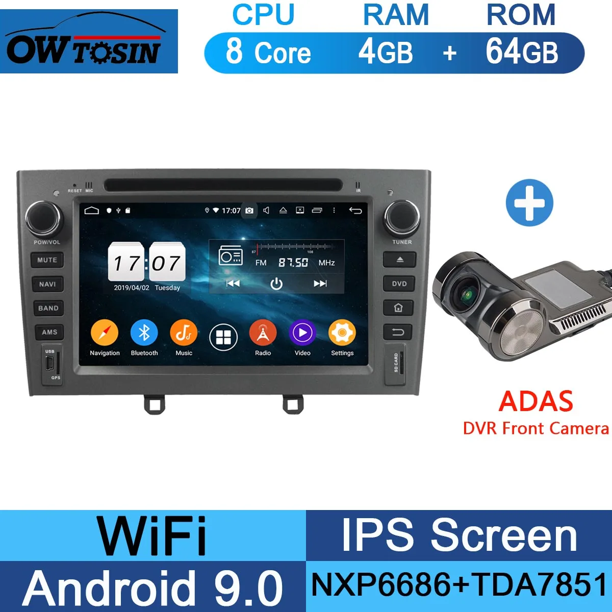 " ips Octa 8 Core 4G 64G Android9.0 автомобильный dvd-плеер для peugeot 408 308 308SW 2007-2011 DSP радио gps Parrot BT Adas мультимедиа - Цвет: 64G Adas Camera