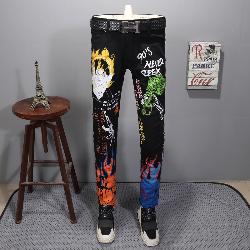 

Skeleton Head Letter Printing Elastic Force Self-cultivation Black Leisure Time Pants Ephebe Personality Trend Hip-hop Jeans