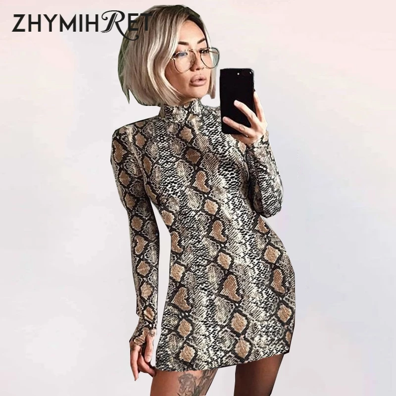 ZHYMIHRET элегантное платье с принтом змеи для женщин длинный рукав макет шеи выше