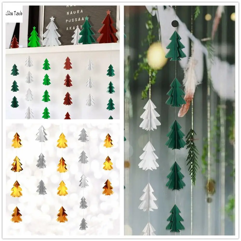 

ISHOWTIENDA Creative Three-dimensional Mini Christmas Tree Paper String Pull Flower Hanging Flag DIY Christmas Tree Ornaments