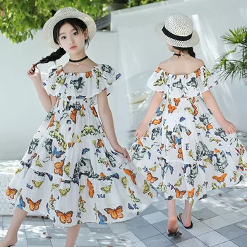 

Girls Summer Beach Dress 2020 Floral Maxi Dress Ruffle Sundresses WHITE Flower Long Dress For Vacation Cotton Kids Girl Clothes